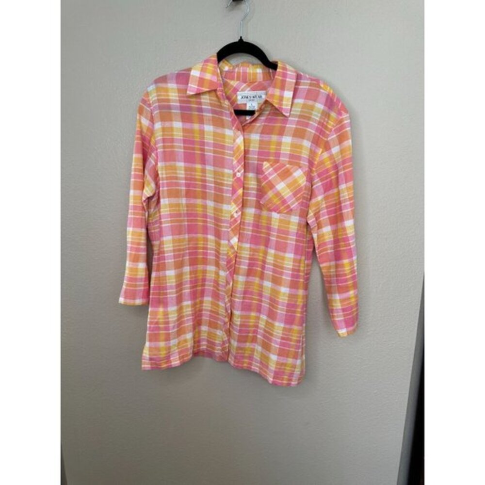 Jones Wear Womens Pink Yellow‎ Blouse Large striped long sleeve button up cotton